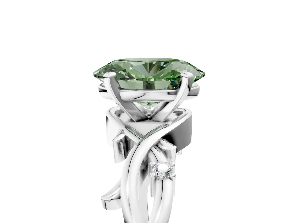 Fancy Green Oval Cut Diamond Solitaire Ring with Twisted Band and Prong Setting Silver
