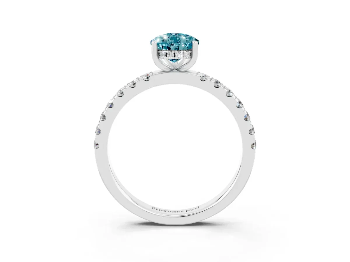 Pear Cut Blue Topaz Pave Band Solitaire Ring with Round and Prong Setting Platinum