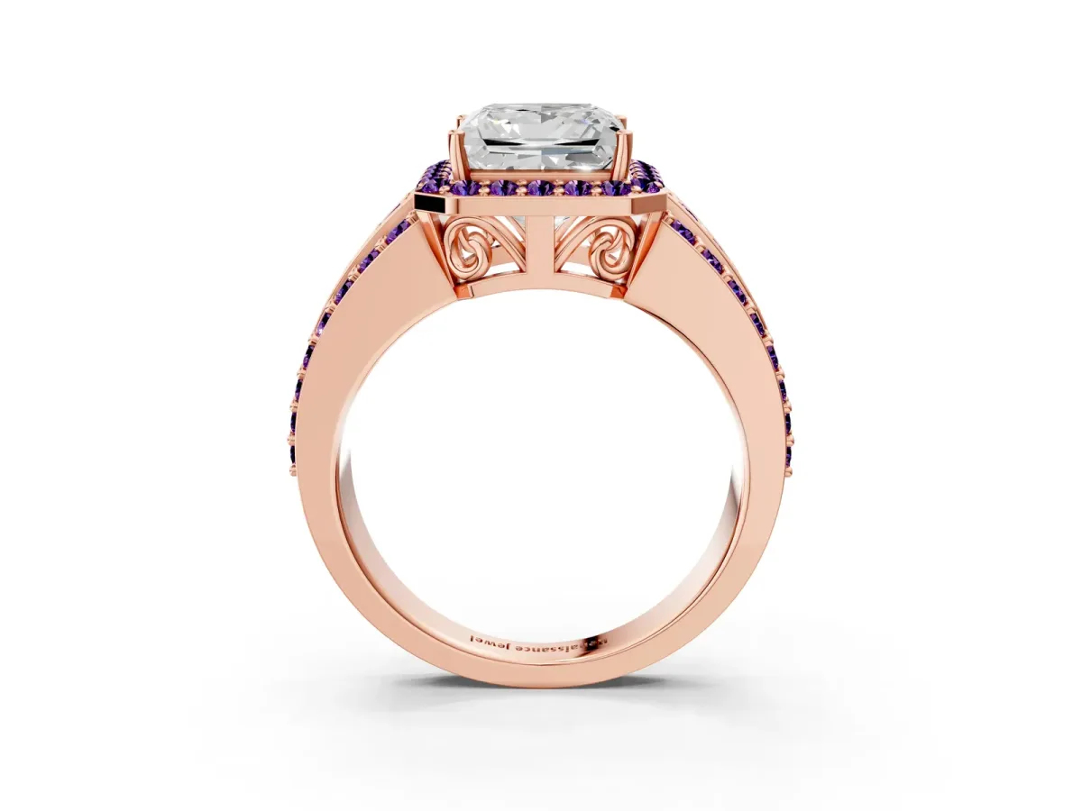 Princess Cut Halo Diamond Ring with Round Amethyst Split Shank and Prong Setting Rose gold