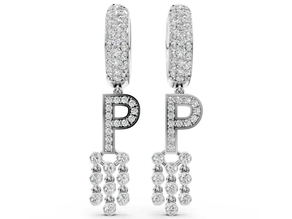 Round Diamond Initial P Huggie Hoop Earrings White gold