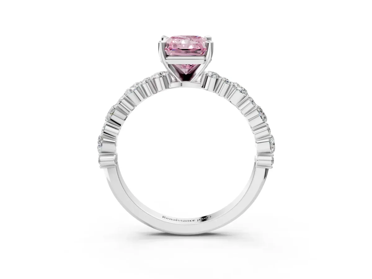 Fancy Pink Radiant Cut Diamond Side Stone Solitaire Ring with Round and Four-Prong Setting Platinum