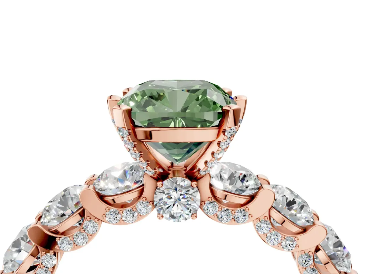 Fancy Green Cushion Cut Diamond Side Stone Engagement Ring with Four-Prong Setting Rose gold