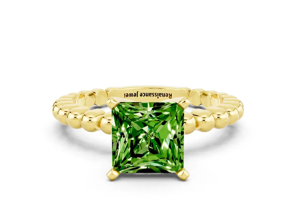 Princess Cut Peridot Solitaire Ring with Beaded Band and Prong Setting Yellow gold