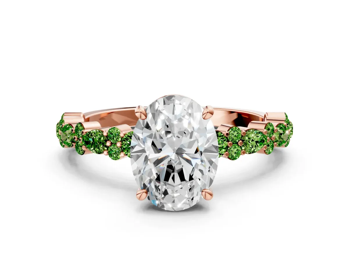Oval Cut Diamond Side Stone Solitaire Ring with Round Peridot and Four-Prong Setting Rose gold