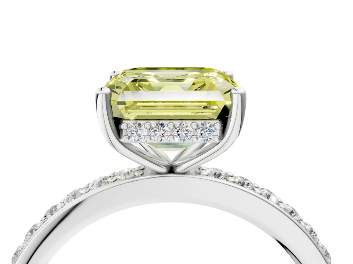 Fancy Yellow Asscher Cut Cut Diamond Pavé Band Ring with Four-Prong Setting Platinum