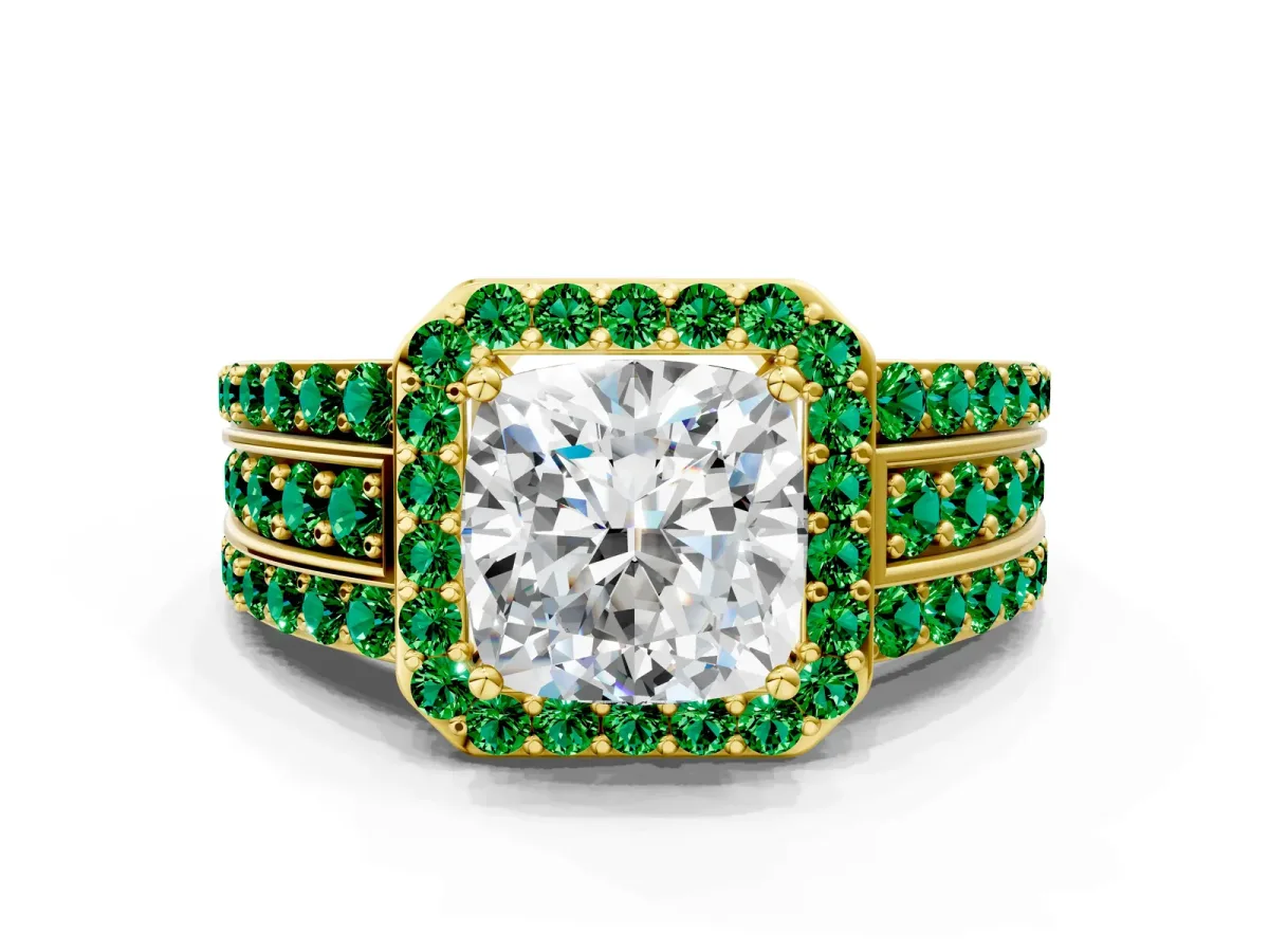 Cushion Cut Halo Diamond Ring with Round Emerald Split Shank and Prong Setting Yellow gold