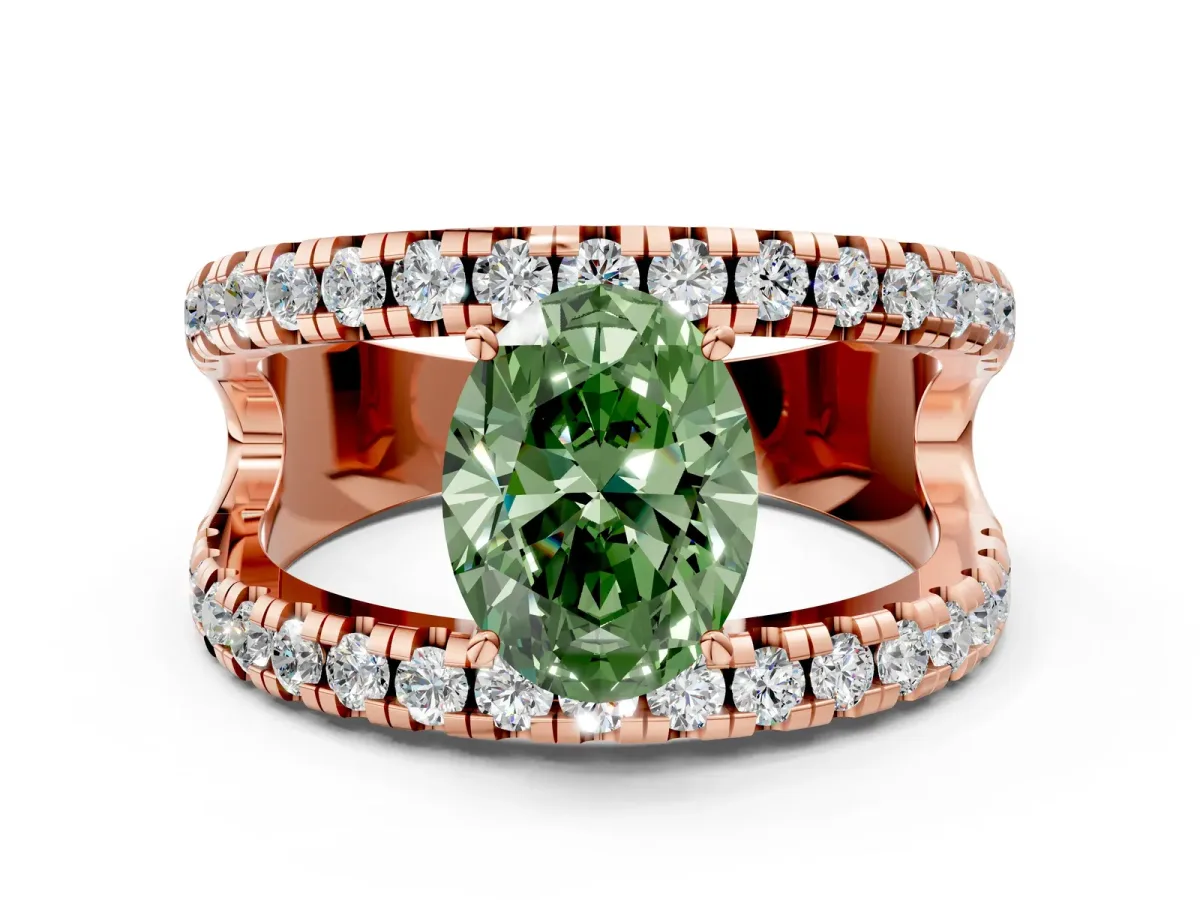 Fancy Green Oval Cut Solitaire Split Shank Pave Diamond Ring Rose gold