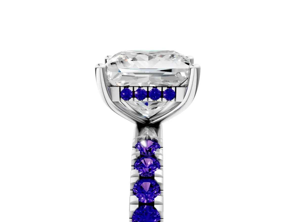 Princess Cut Diamond Pave Band Solitaire Ring with Round Tanzanite and Prong Setting Silver