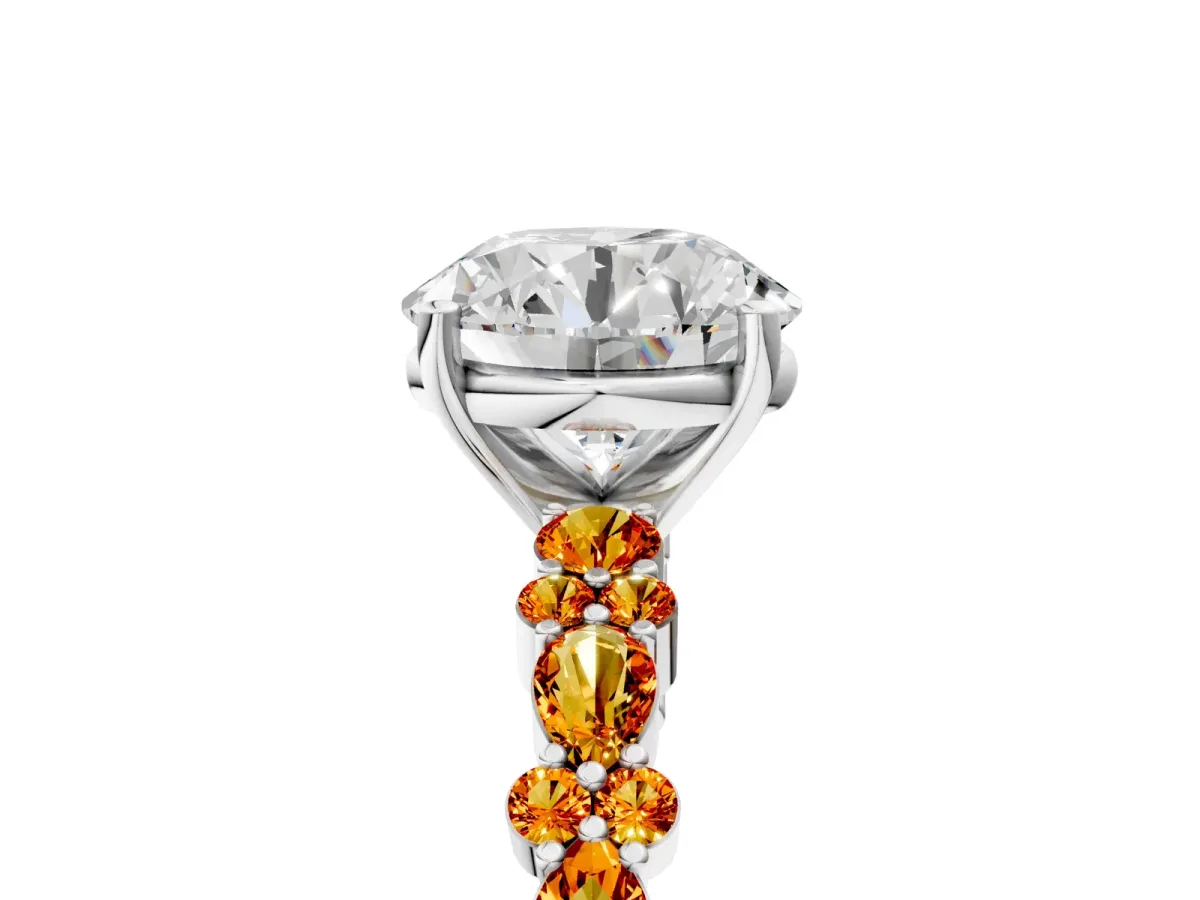 Round Cut Diamond Side Stone Solitaire Ring with Round Citrine and Four-Prong Setting White gold