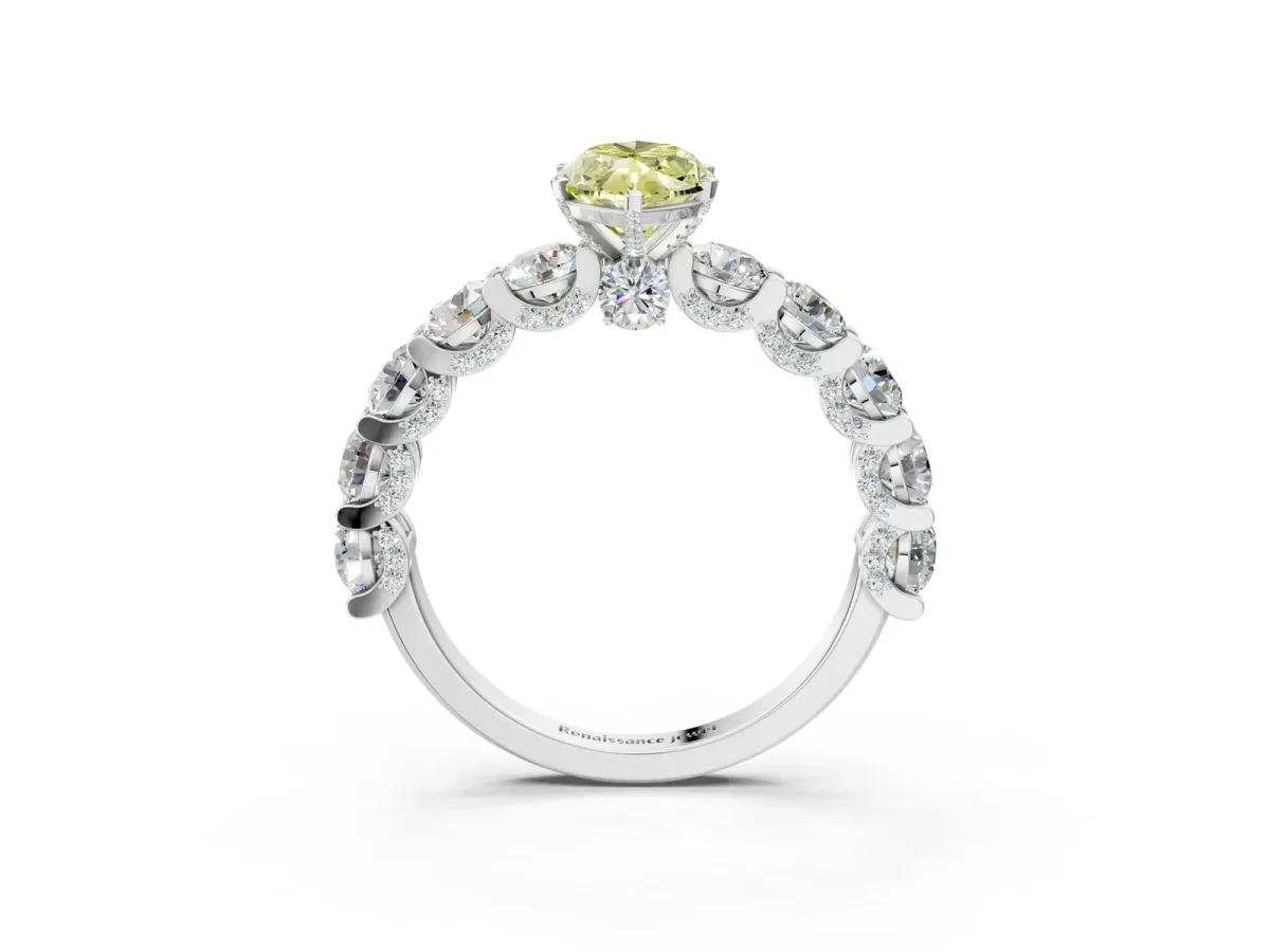 Fancy Yellow Marquise Cut Diamond Side Stone Engagement Ring with Four-Prong Setting White gold