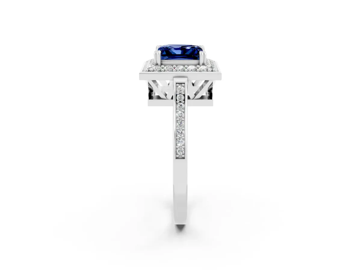 Princess Cut Blue Sapphire Halo Ring with Split Shank and Four-Prong Setting Platinum
