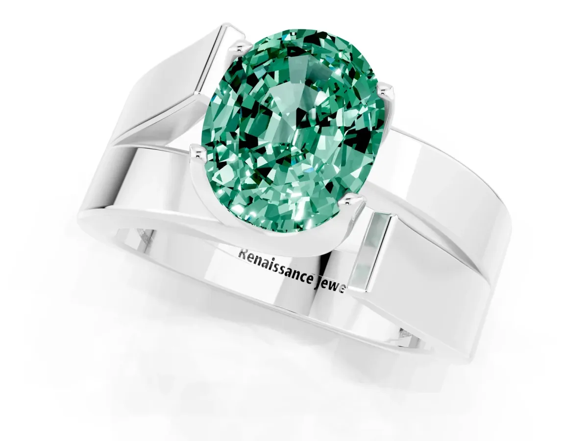 Modern Tension Set Oval Cut Green Sapphire Solitaire Wide Band Ring Silver