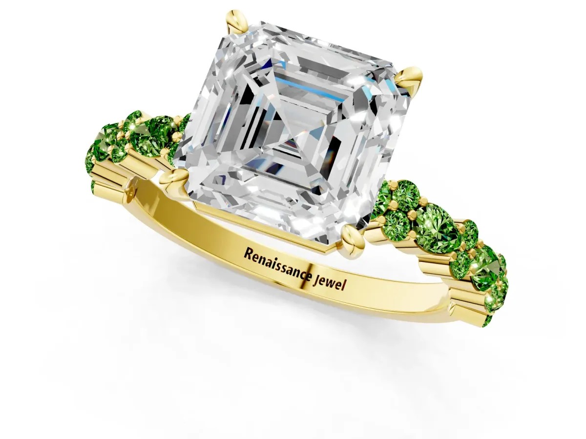 Asscher Cut Diamond Side Stone Solitaire Ring with Round Peridot and Four-Prong Setting Yellow gold