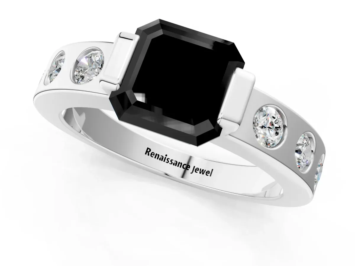 Fancy Black Asscher Cut Brilliant Channel-Set Diamond Ring with Bezel Prong Setting Platinum
