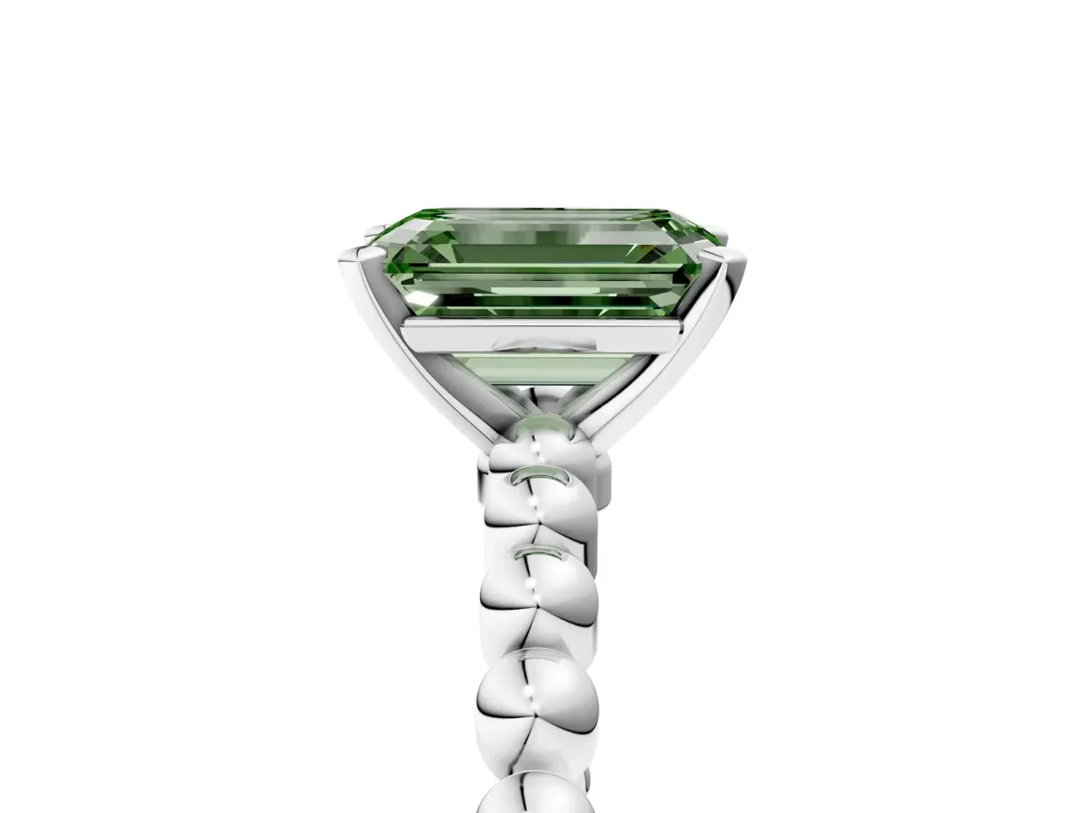 Fancy Green Emerald Cut Diamond Solitaire Ring with Beaded Band and Prong Setting Silver