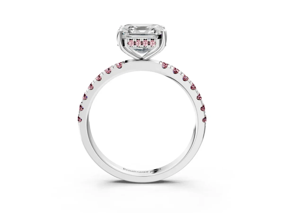 Asscher Cut Diamond Pave Band Solitaire Ring with Round Morganite and Prong Setting Silver