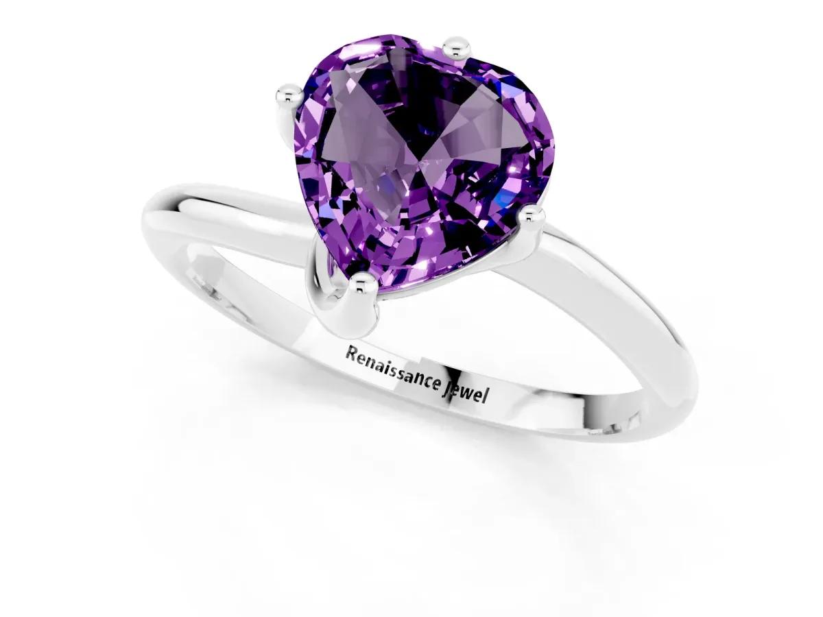 Heart Cut Amethyst Solitaire Engagement Ring with Four-Prong Setting and Classic Band Silver