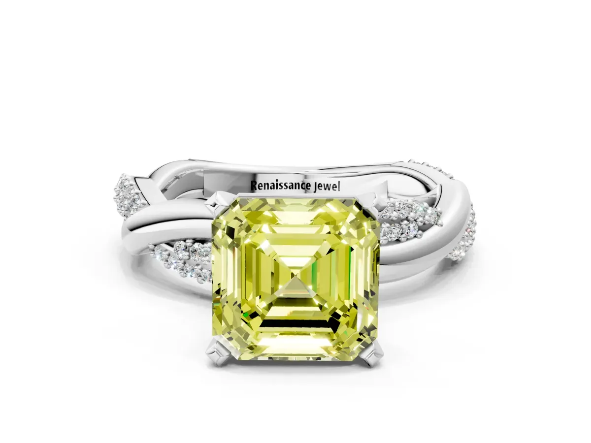Fancy Yellow Asscher Cut Solitaire Twist Band with Pave Prong Setting Platinum