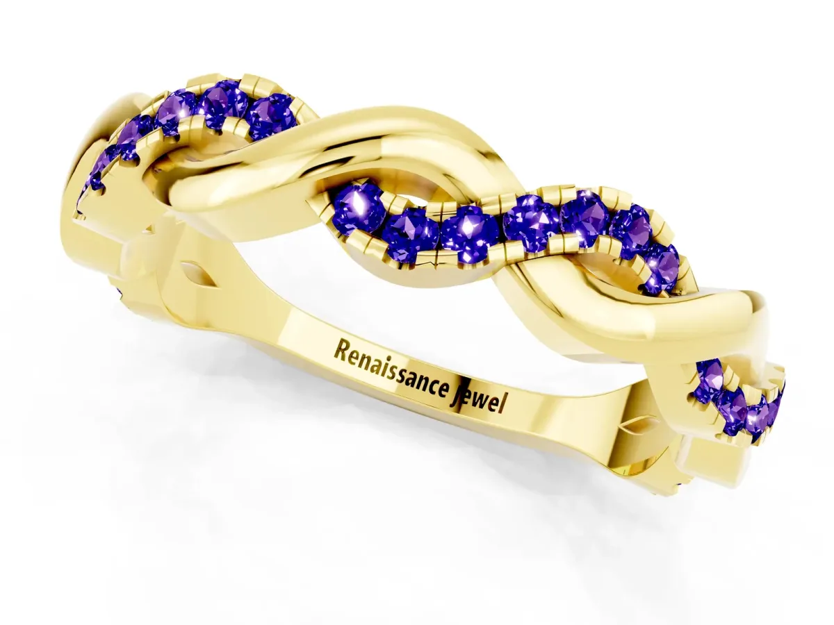 Pavé Round Tanzanite Twist Eternity Band with Shared Prong Setting Yellow gold