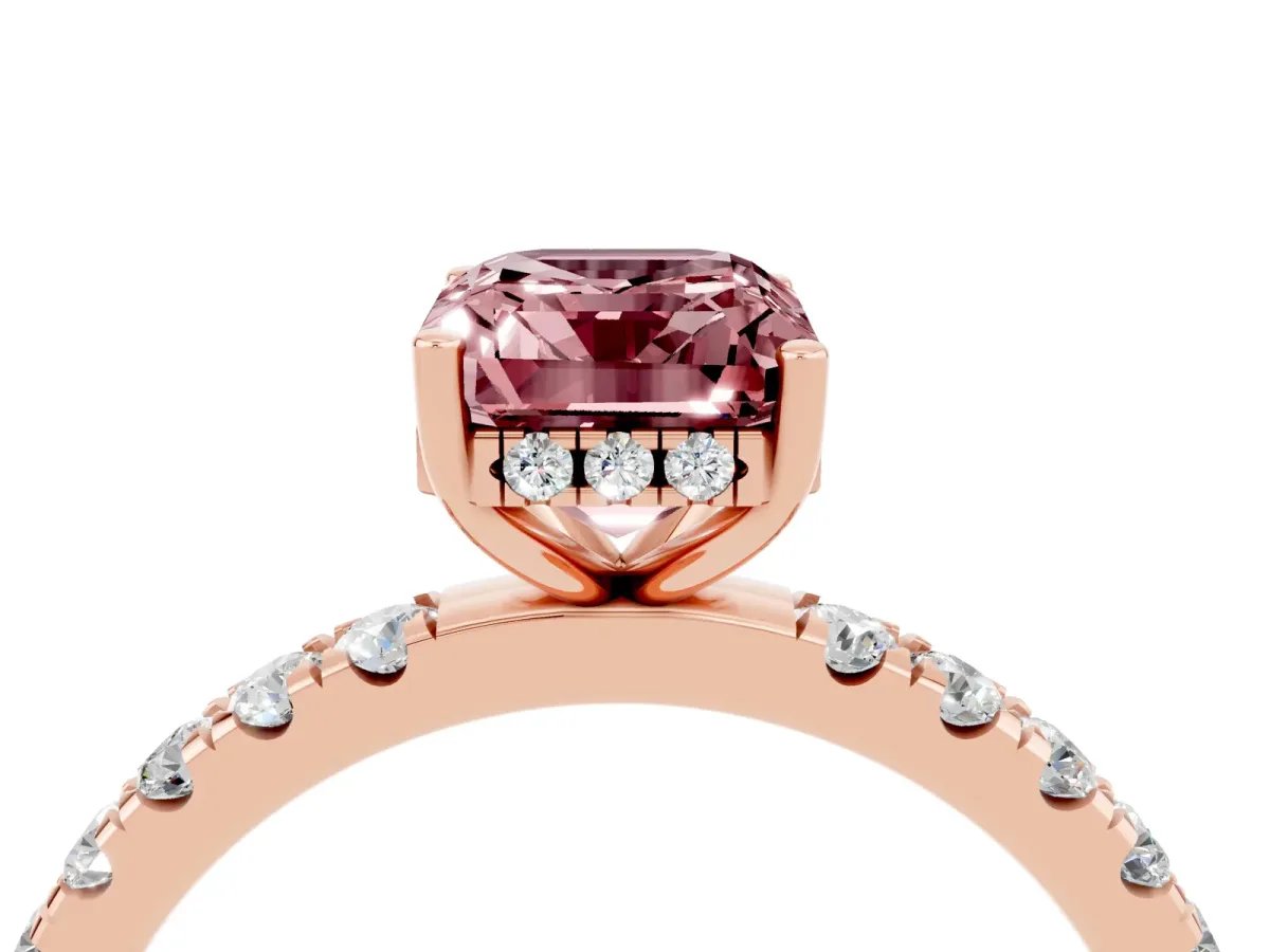 Emerald Cut Morganite Pave Band Solitaire Ring with Round and Prong Setting Rose gold