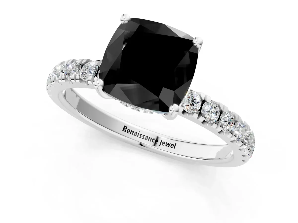 Fancy Black Cushion Cut Diamond Pave Band Solitaire Ring with Round and Prong Setting Silver