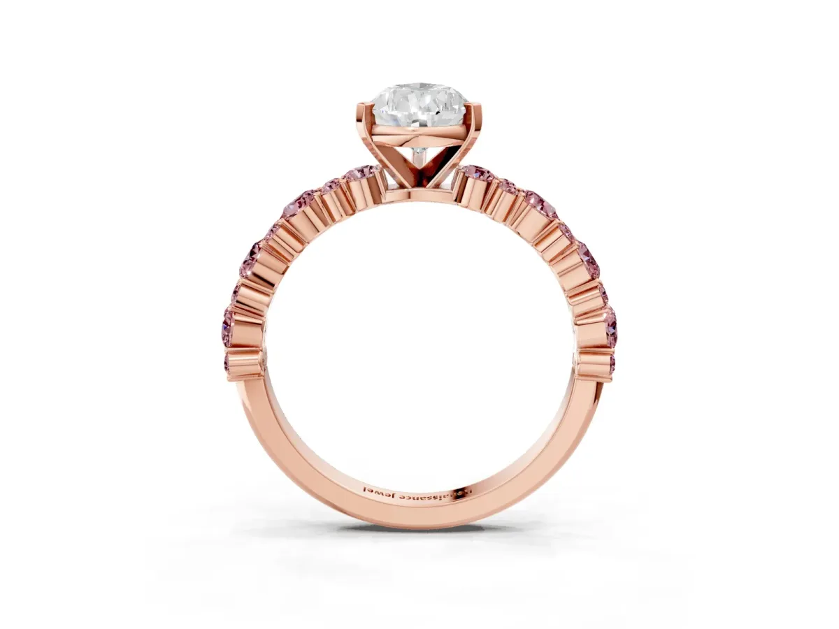 Pear Cut Diamond Side Stone Solitaire Ring with Round Morganite and Four-Prong Setting Rose gold