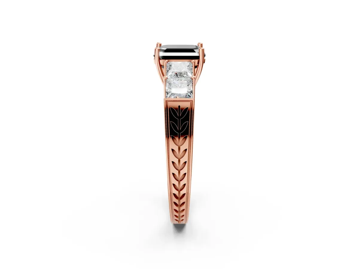 Fancy Black Asscher Cut Solitaire Princess Side Stone Engraved Band Prong Setting Ring Rose gold