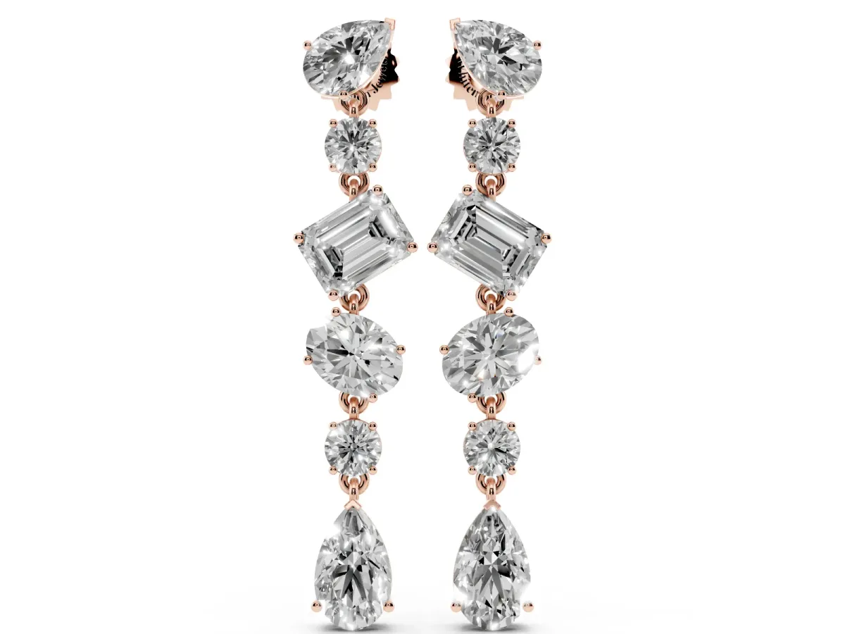 Pear, Oval, Emerald and Round Diamond Waterfall Drop Earrings Rose gold