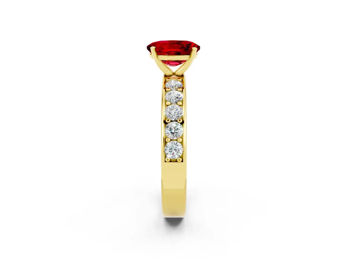Oval Cut Ruby Engagement Ring with Channel Set Round Band and Prong Setting Yellow gold
