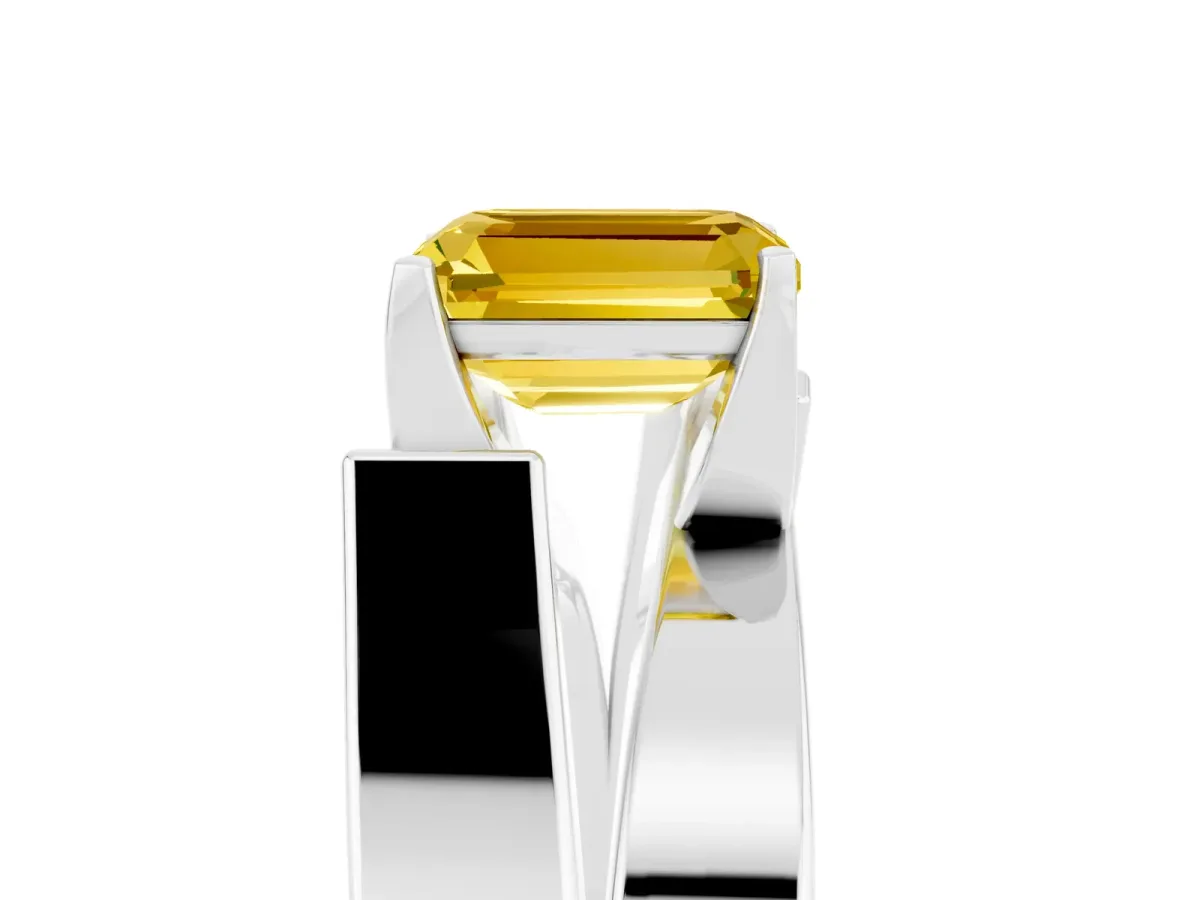 Modern Tension Set Emerald Cut Yellow Sapphire Solitaire Wide Band Ring Silver