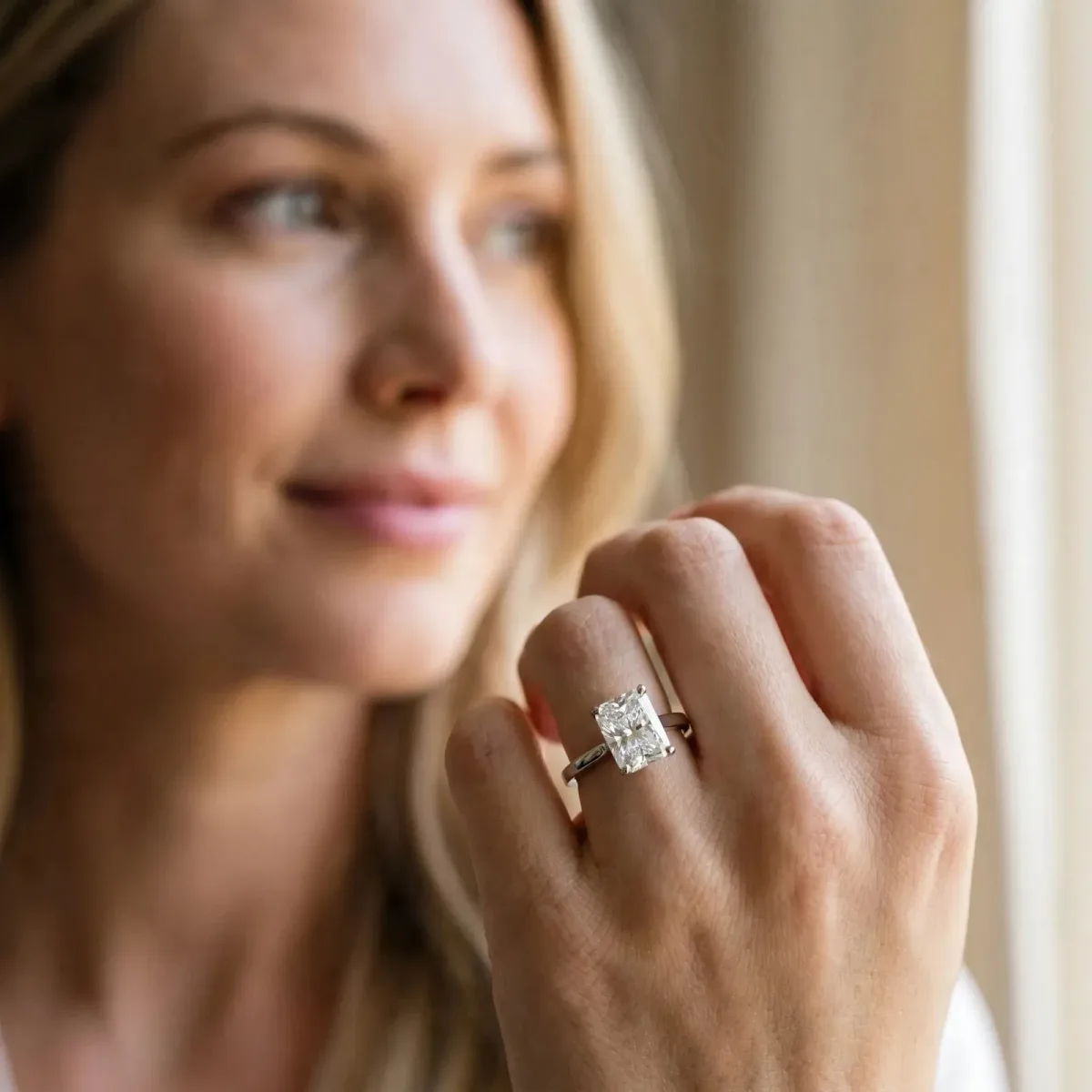 Radiant Cut Diamond Solitaire Engagement Ring with Classic Band and Four-Prong Setting Silver
