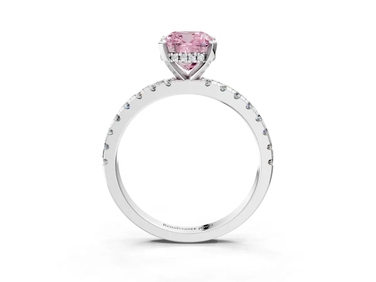Fancy Pink Cushion Cut Diamond Solitaire Ring with Round Pavé Band and Four-Prong Setting Silver