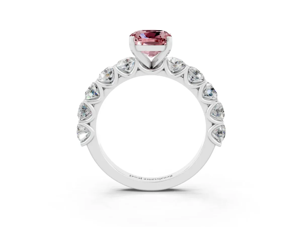 Cushion Cut Morganite Prong Setting with Side Stones on a Pave Band Silver