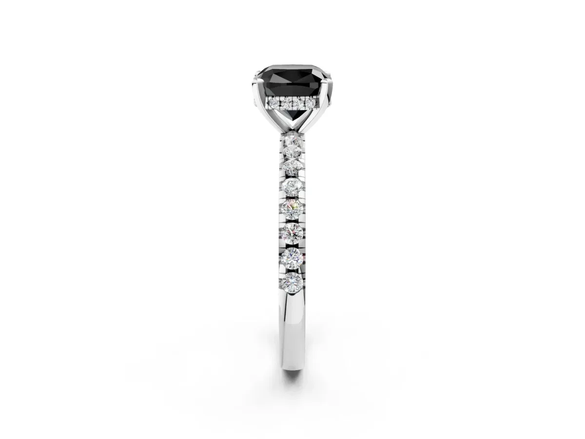 Fancy Black Cushion Cut Diamond Solitaire Ring with Round Pavé Band and Four-Prong Setting Silver