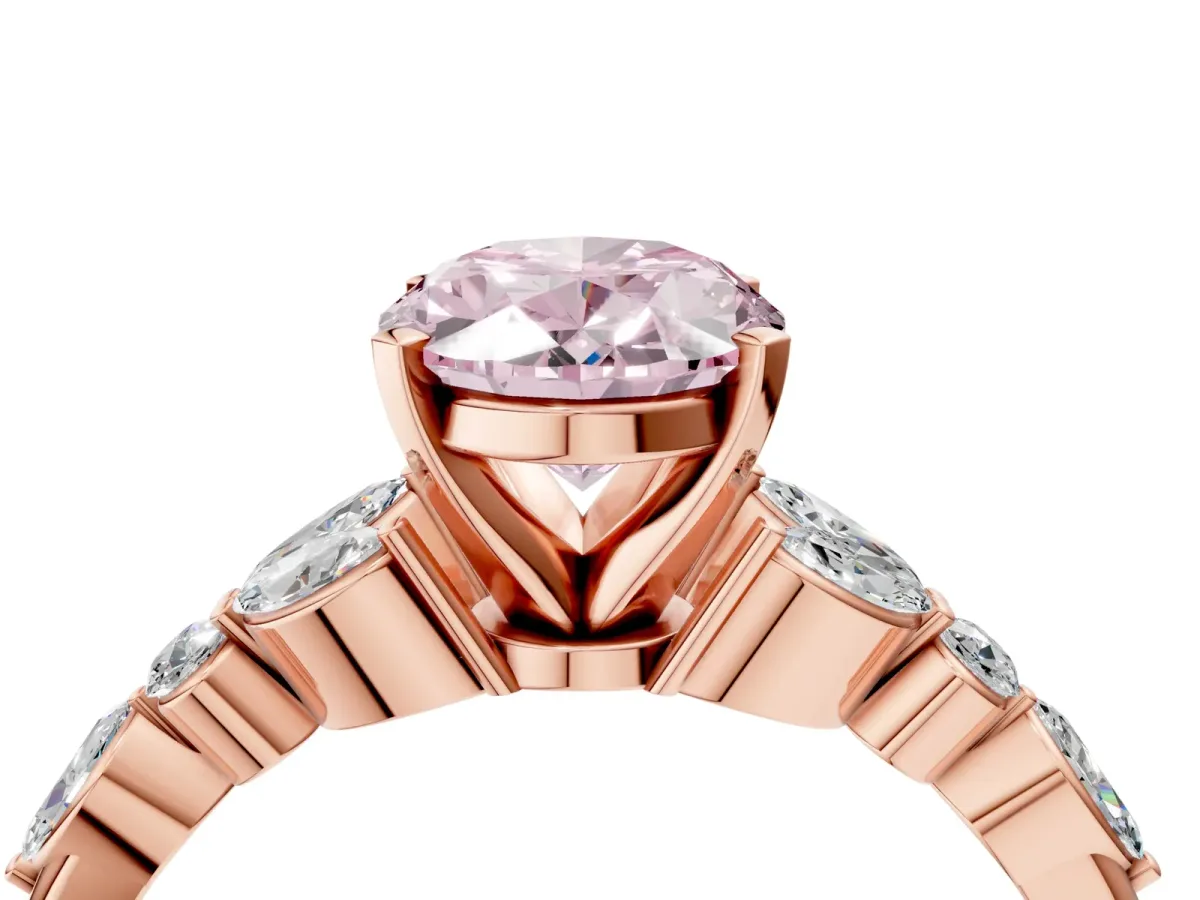 Fancy Pink Oval Cut Diamond Solitaire Ring with Side Stones and Four-Prong Setting Rose gold