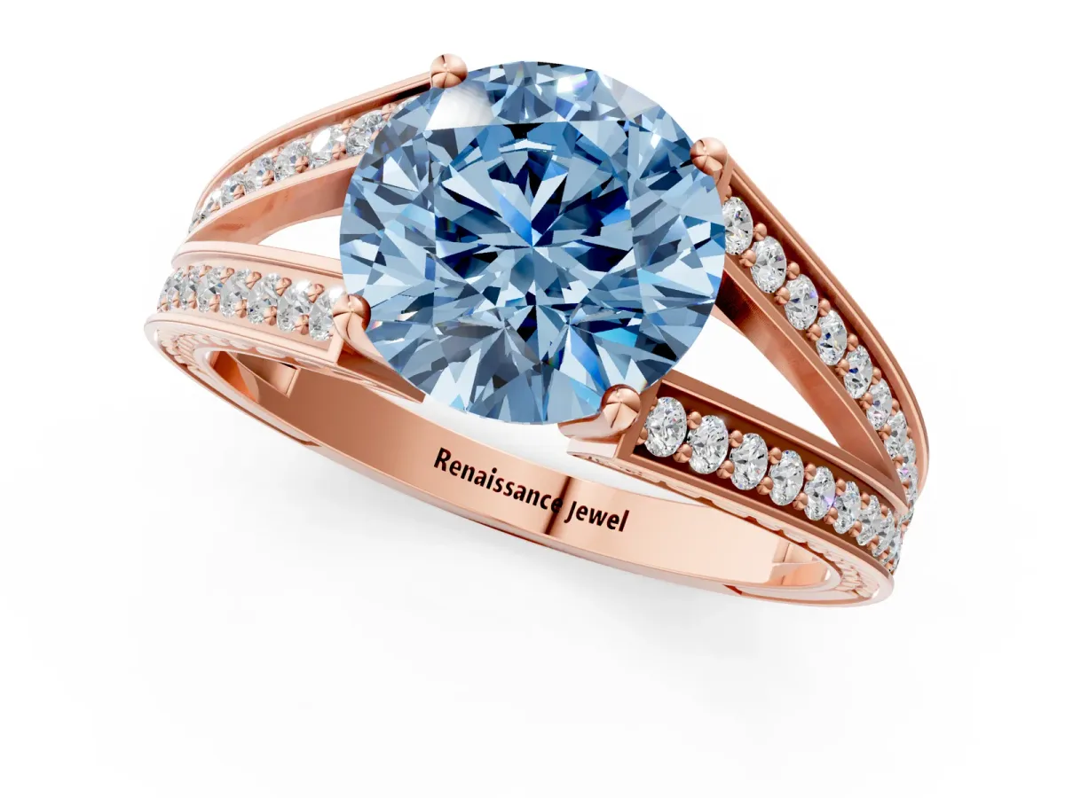 Fancy Blue Round Cut Diamond Split Shank Ring with Pavé Band and Four-Prong Setting Rose gold
