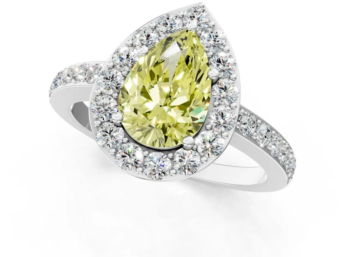 Fancy Yellow Pear Cut Halo Diamond Pavé Band Ring with Prong Setting Platinum