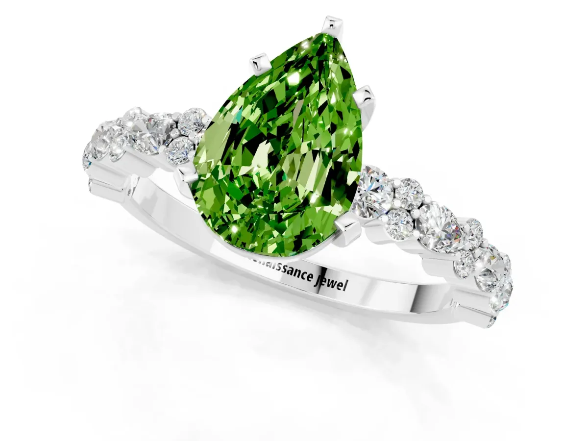 Pear Cut Peridot Side Stone Solitaire Ring with Round and Four-Prong Setting White gold