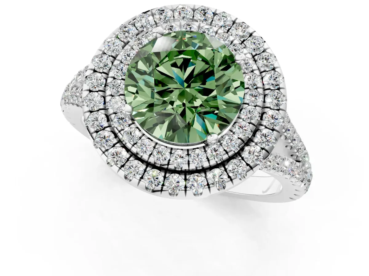 Fancy Green Round Cut Diamond Double Halo Ring with Pavé Band and Prong Setting Silver
