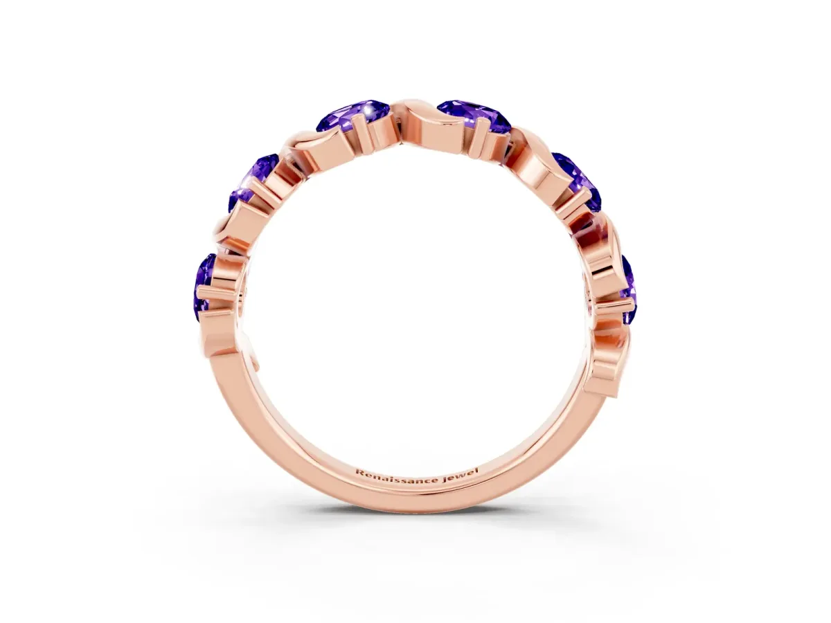 Round Tanzanite Half Eternity Band with Wave Prong Setting Rose gold