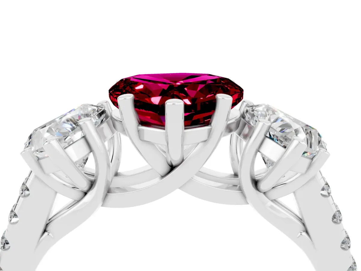 Three-Stone Heart Cut Garnet Ring with Round Pavé Band and Prong Setting Silver
