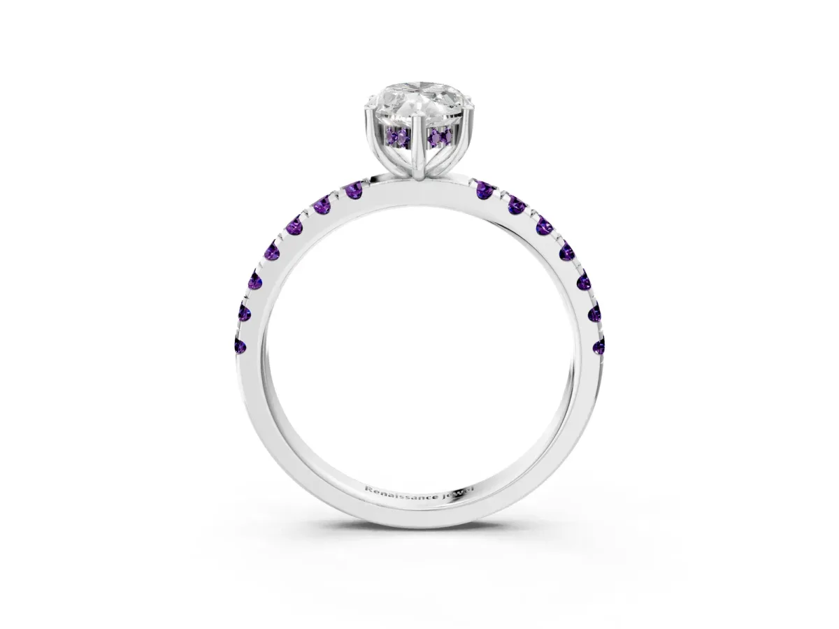 Marquise Cut Diamond Pave Band Solitaire Ring with Round Amethyst and Prong Setting Silver