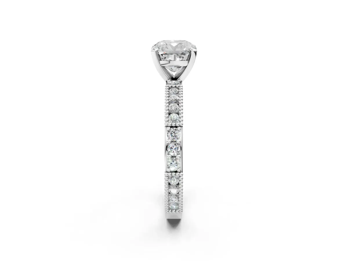 Cushion Cut Solitaire with Pavé Band and Four-Prong Setting Silver