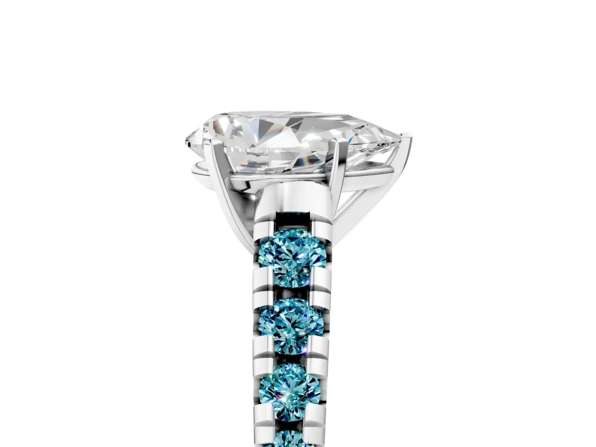 Pear Cut Diamond Cathedral Solitaire Ring with Round Blue Topaz Pavé Band Silver