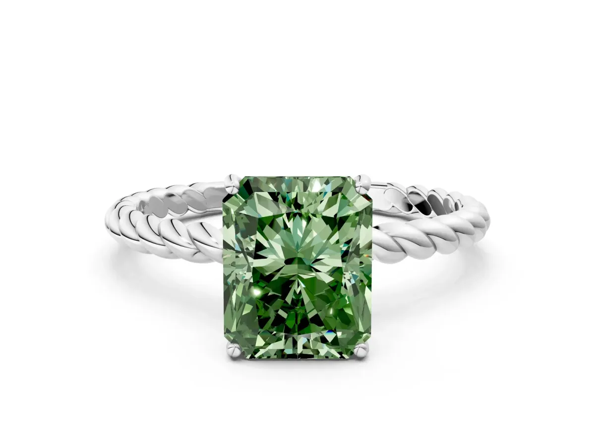 Fancy Green Radiant Cut Solitaire Twisted Band 4-Prong Ring Platinum