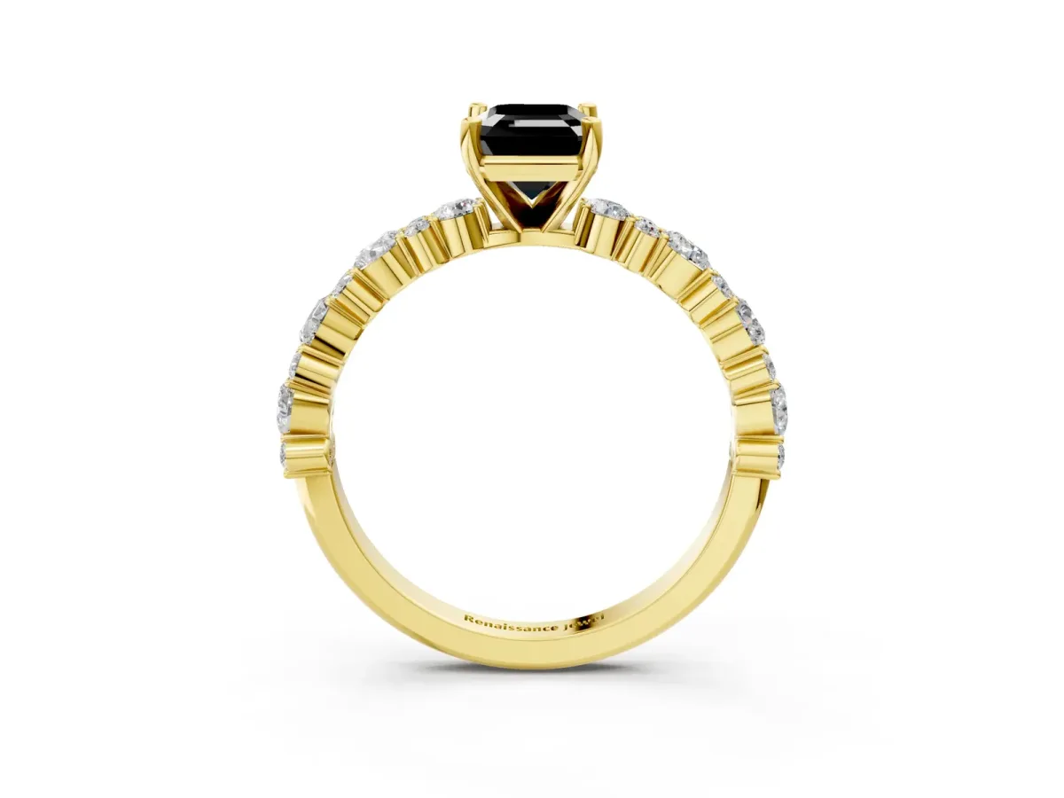 Fancy Black Emerald Cut Diamond Side Stone Solitaire Ring with Round and Four-Prong Setting Yellow gold