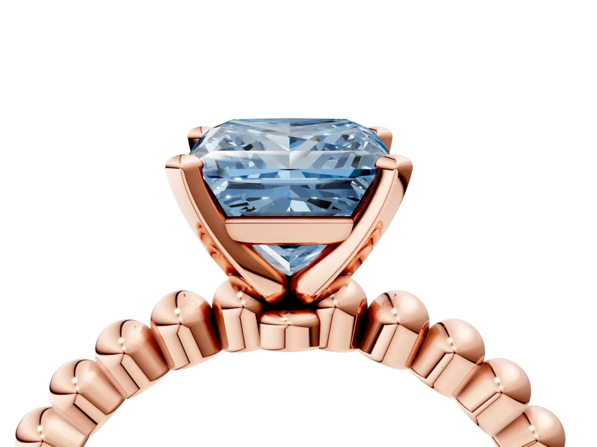 Fancy Blue Princess Cut Diamond Solitaire Ring with Beaded Band and Prong Setting Rose gold