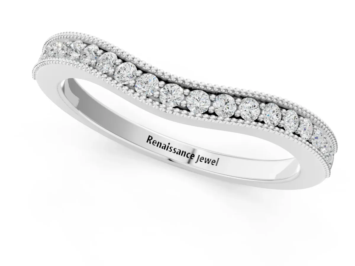 Pavé Round Diamond Curved Band with Milgrain Edge Platinum