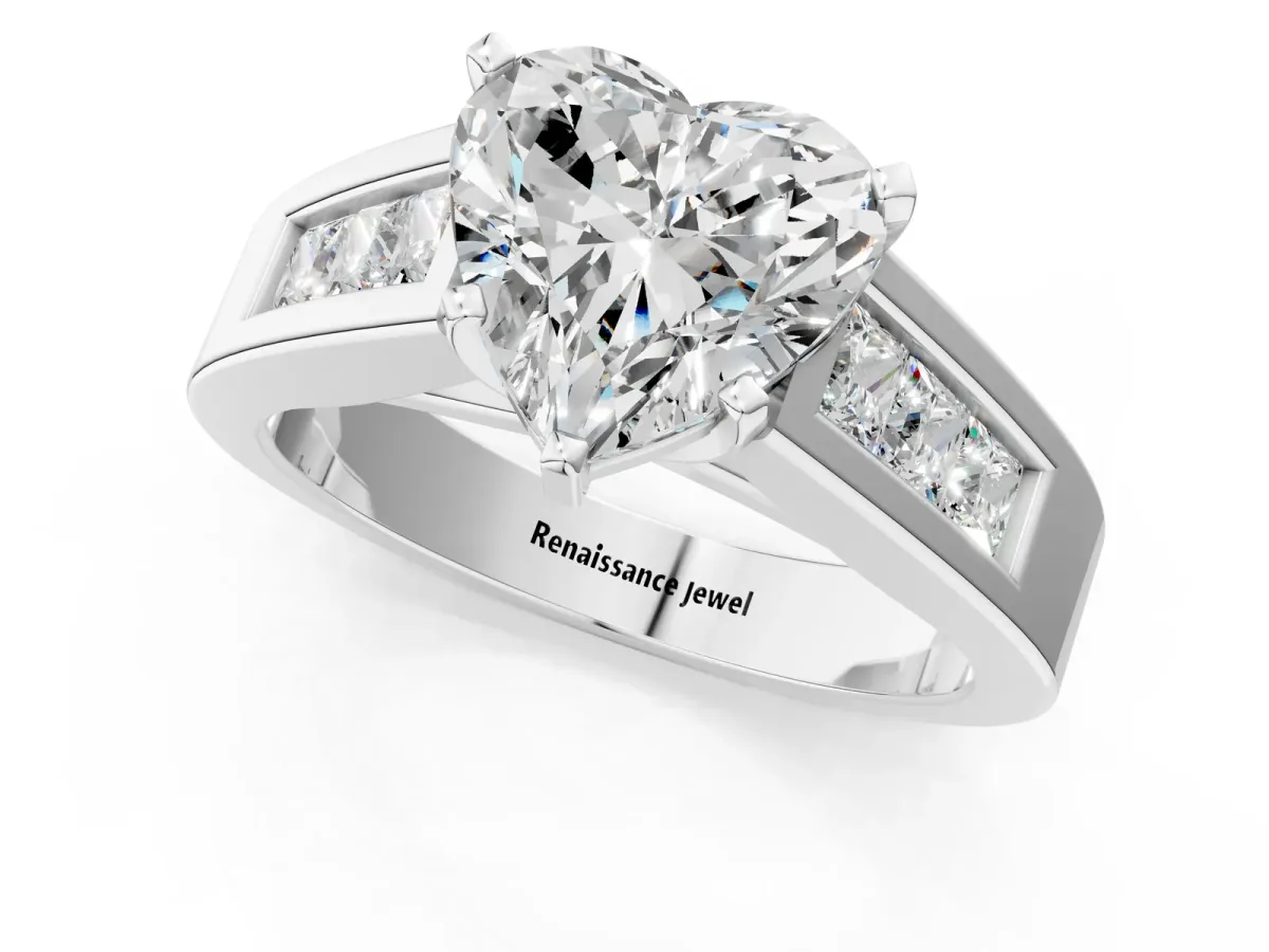 Heart Cut Cut Channel Set Solitaire Ring with Four-Prong Setting White gold
