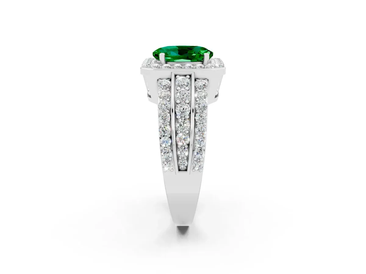 Oval Cut Halo Emerald Ring with Round Split Shank and Prong Setting White gold